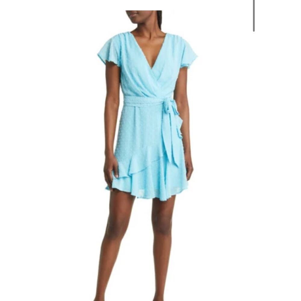 NWOT Chelsea28 Flutter Sleeve Faux Wrap Mini Dress in Blue Cabana Small